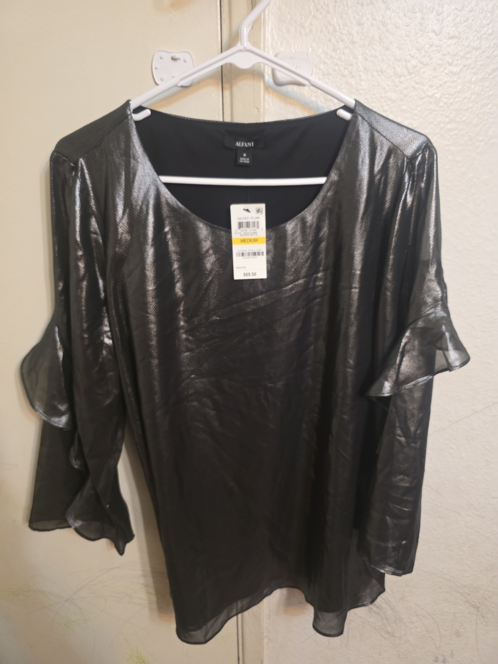 Alfani Silver-Black Metallic Ruffle Sleeve Tunic Top